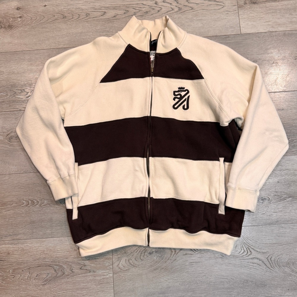 Sean John Mens Waffle Knit Track Jacket Cream Brown Striped Logo Size Large L